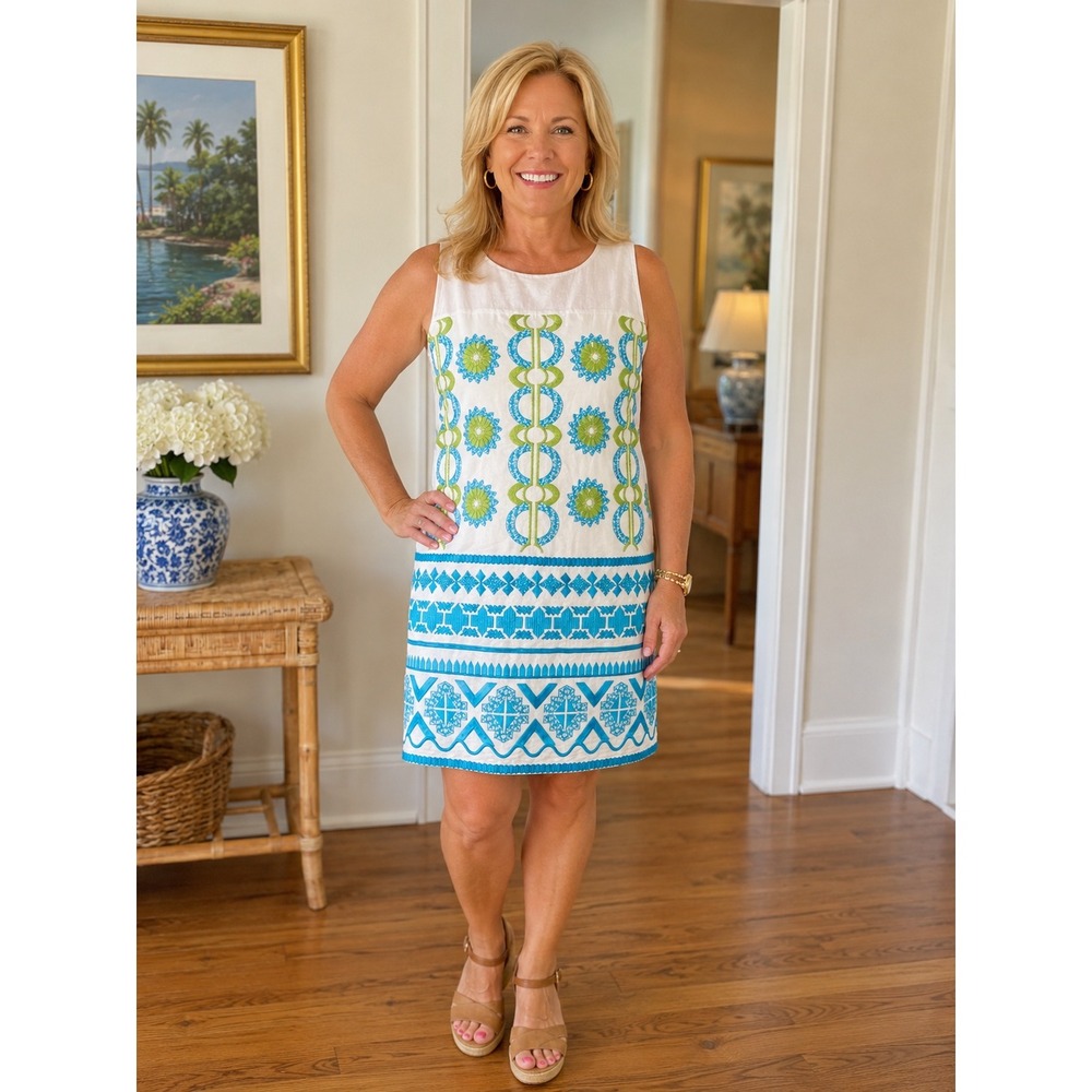 Gretchen Scott Sleeveless Shift Dress Small White‎ Blue Green Embroidered Cotton